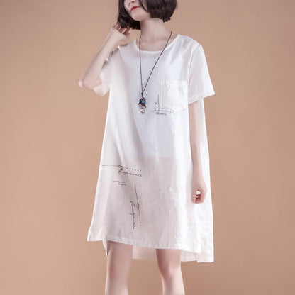 High-low Hem Summer Short Sleeve Pockets slit White Dress