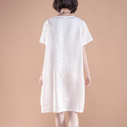High-low Hem Summer Short Sleeve Pockets slit White Dress