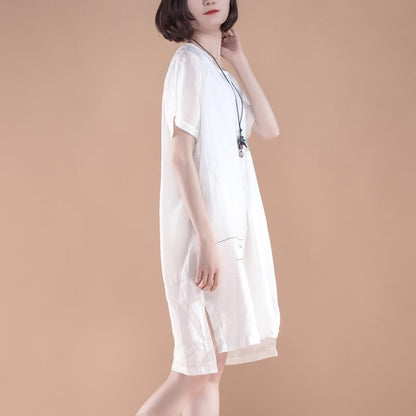 High-low Hem Summer Short Sleeve Pockets slit White Dress