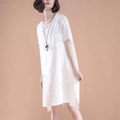 High-low Hem Summer Short Sleeve Pockets slit White Dress