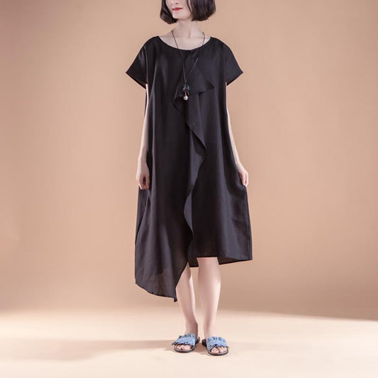 Short Sleeve High-low Hem Summer Casual Black Dress