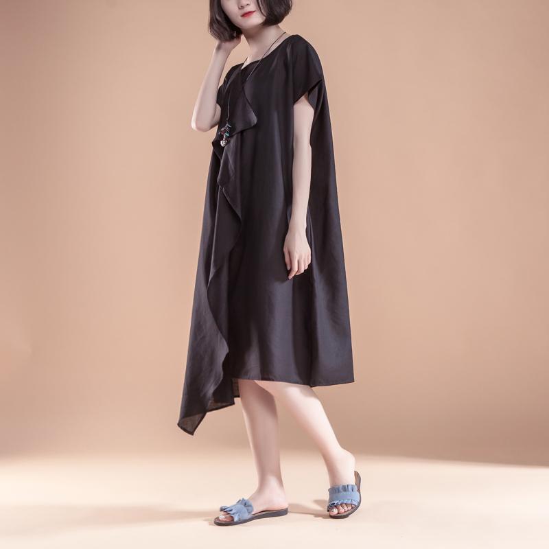 Short Sleeve High-low Hem Summer Casual Black Dress