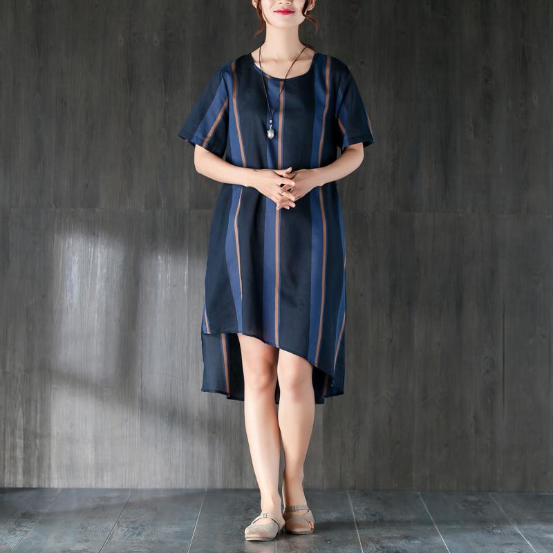Navy Blue Stripe Women Dress with Ribbon Pocket