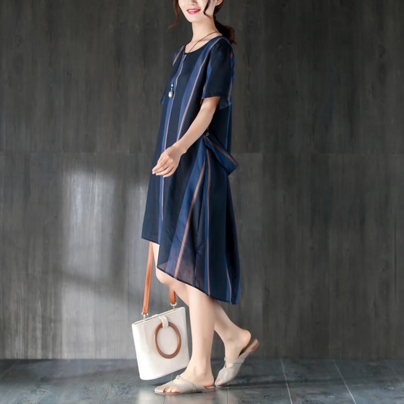 Navy Blue Stripe Women Dress with Ribbon Pocket