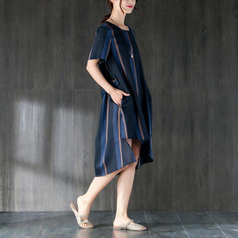 Navy Blue Stripe Women Dress with Ribbon Pocket