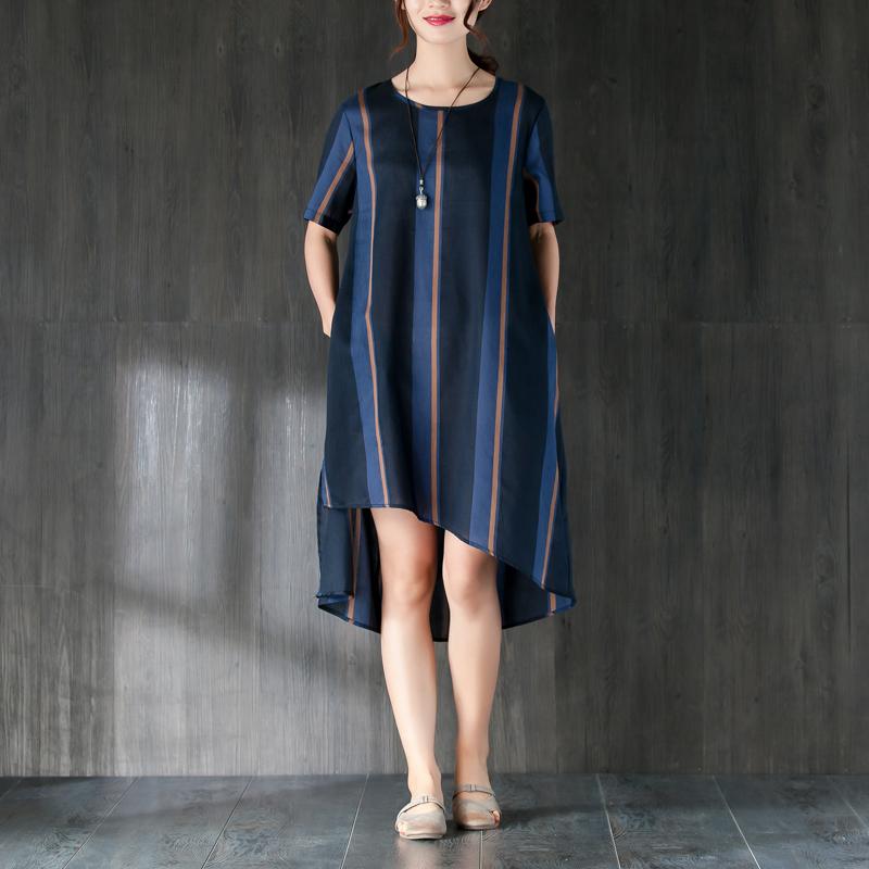 Navy Blue Stripe Women Dress with Ribbon Pocket