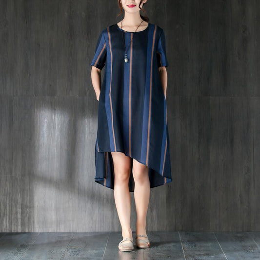 Navy Blue Stripe Women Dress with Ribbon Pocket