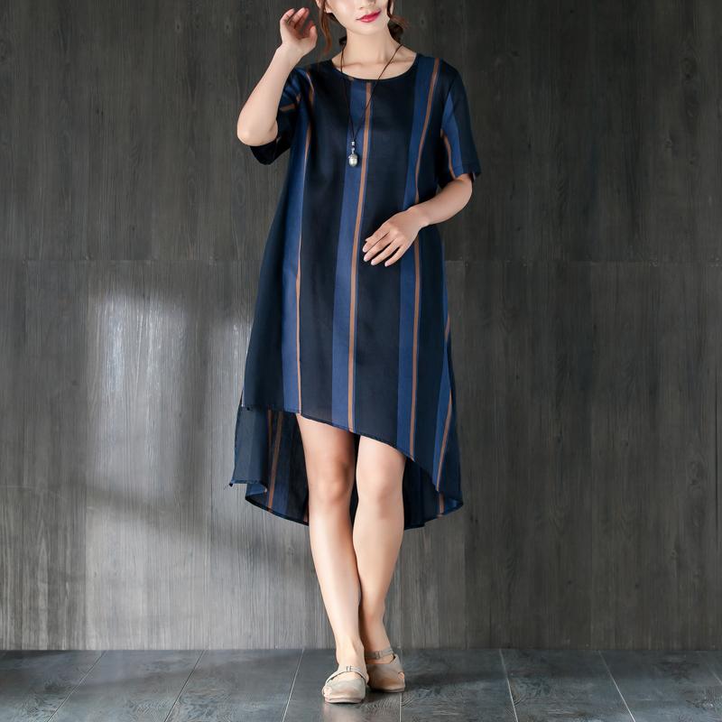 Navy Blue Stripe Women Dress with Ribbon Pocket