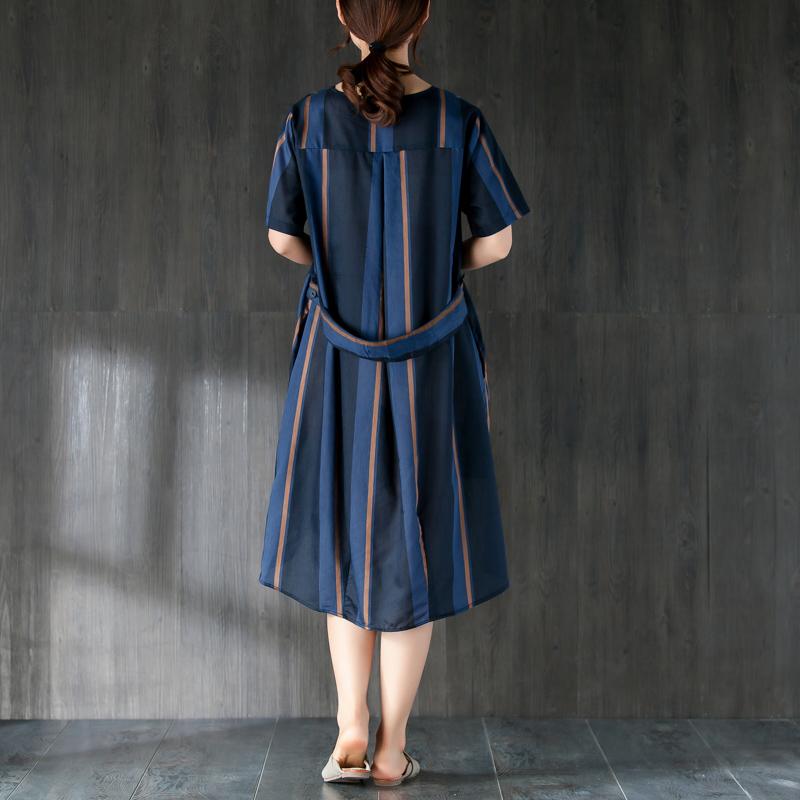 Navy Blue Stripe Women Dress with Ribbon Pocket