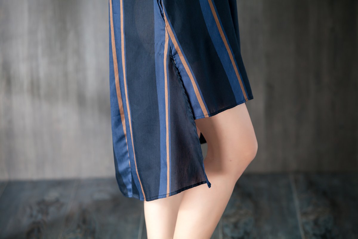 Navy Blue Stripe Women Dress with Ribbon Pocket