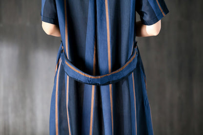 Navy Blue Stripe Women Dress with Ribbon Pocket