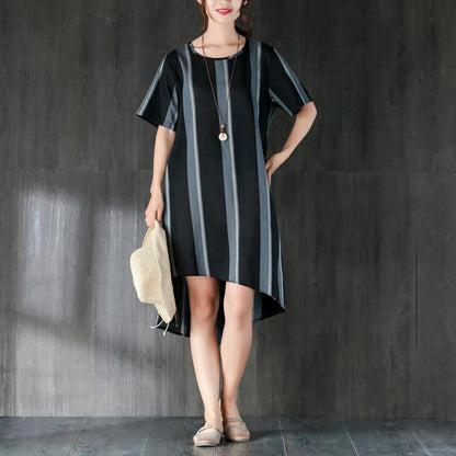 Short Sleeves Stripe Women Dress with Ribbon