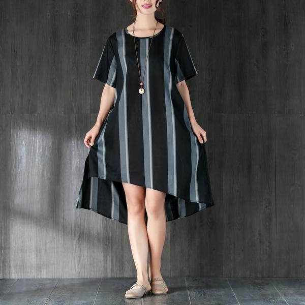 Navy Blue Stripe Women Dress with Ribbon Pocket