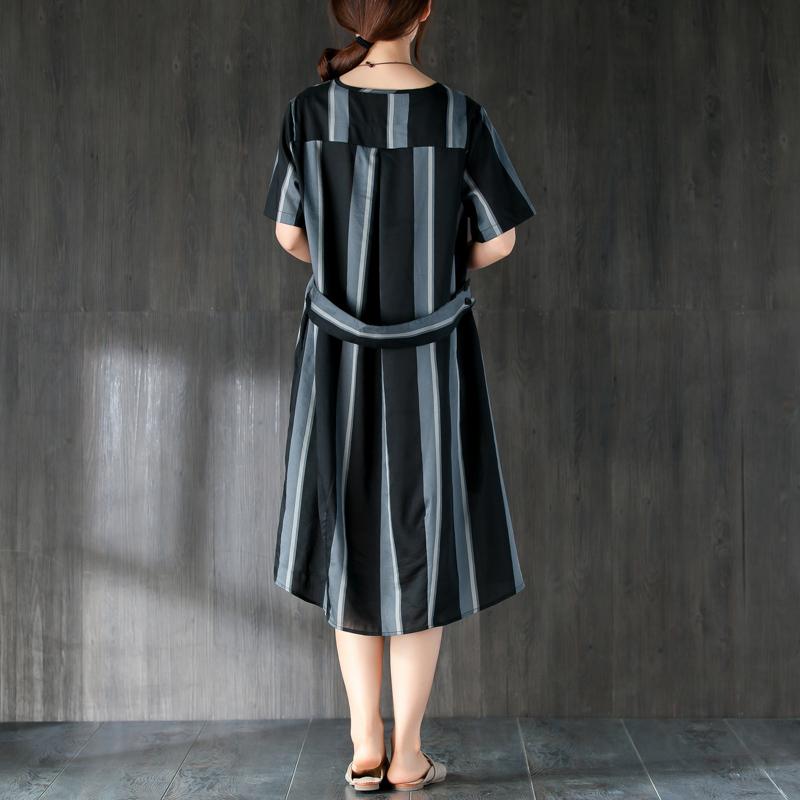 Short Sleeves Stripe Women Dress with Ribbon