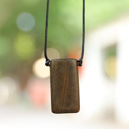 Wood Rectangle Pendant Rope Chain Necklace