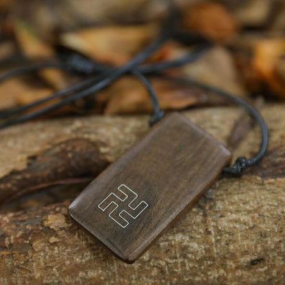 Wood Rectangle Pendant Rope Chain Necklace