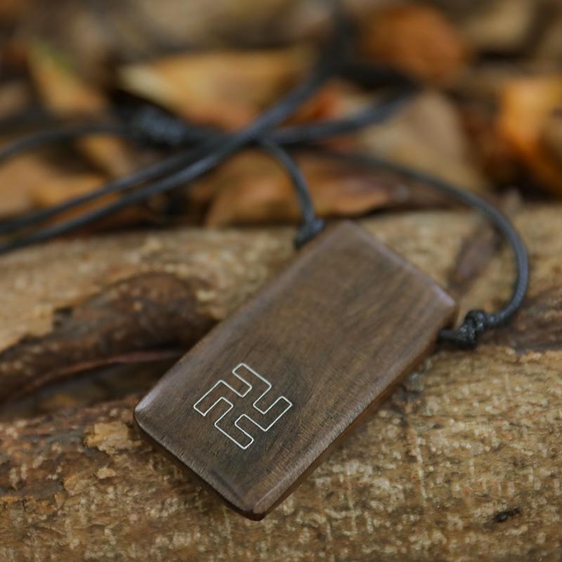 Wood Unisex Rectangle Pendant Rope Chain Necklace