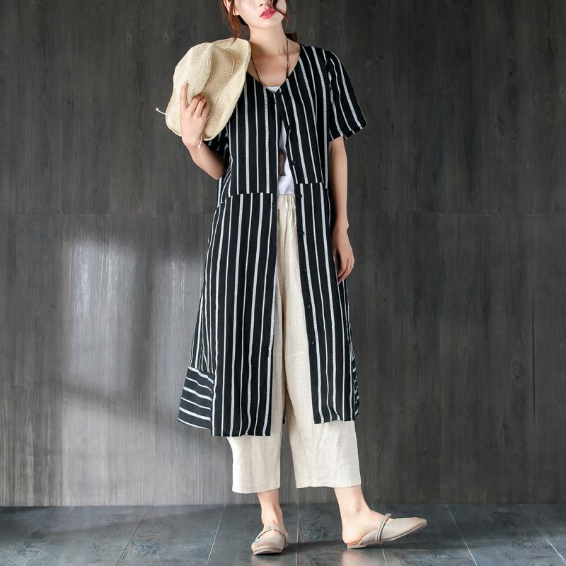 V Neck Single Breasted Summer Black Stripe Top