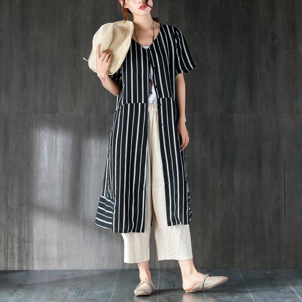 V Neck Single Breasted Summer Red Stripe Dress