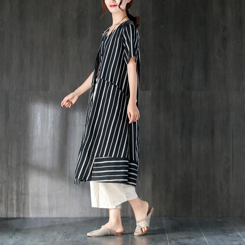 V Neck Single Breasted Summer Black Stripe Top