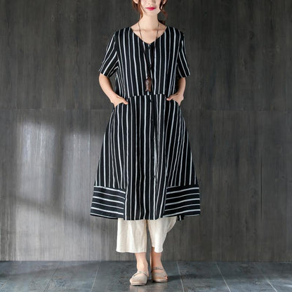 V Neck Single Breasted Summer Black Stripe Top