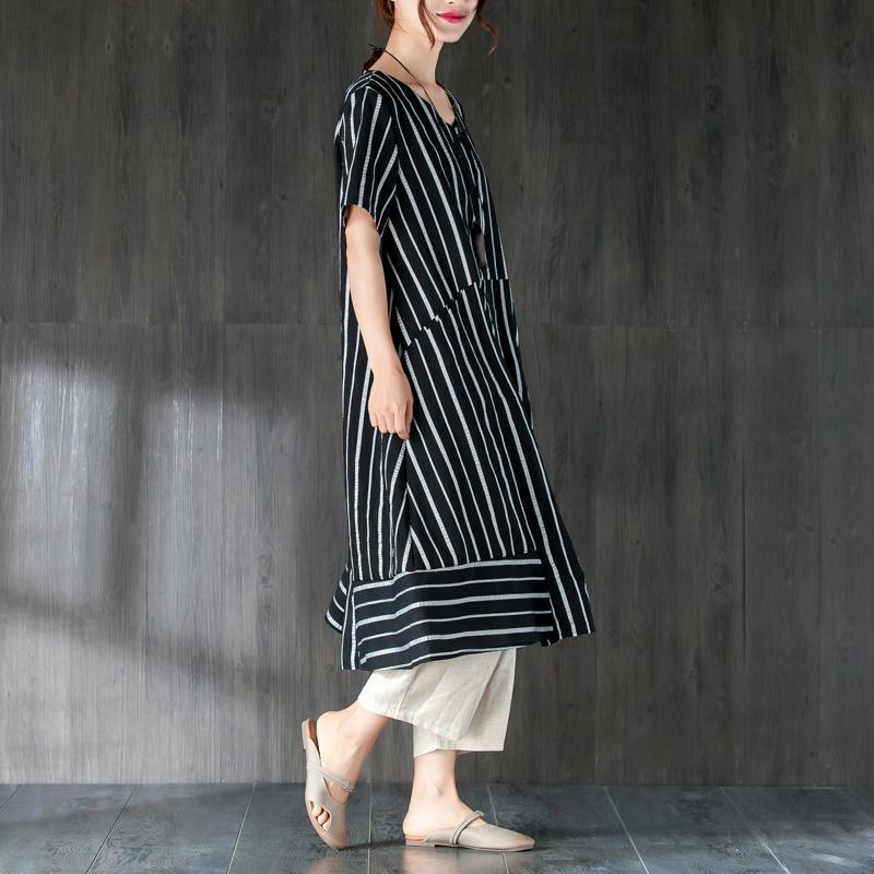 V Neck Single Breasted Summer Black Stripe Top