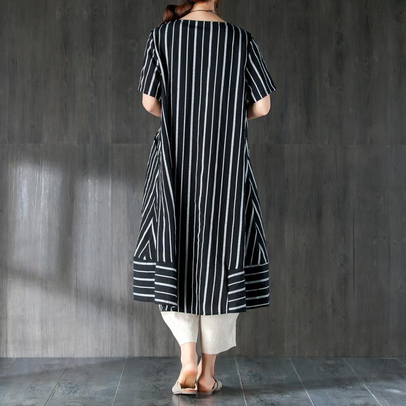 V Neck Single Breasted Summer Black Stripe Top