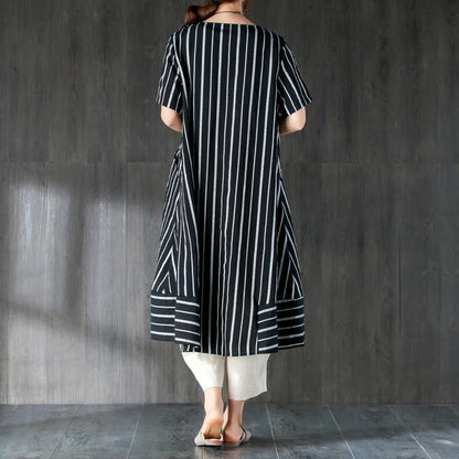 V Neck Single Breasted Summer Black Stripe Top