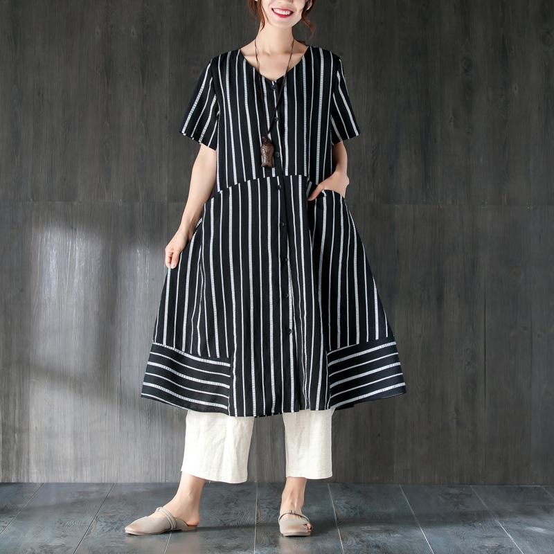 V Neck Single Breasted Summer Black Stripe Top
