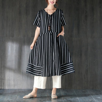 V Neck Single Breasted Summer Black Stripe Top