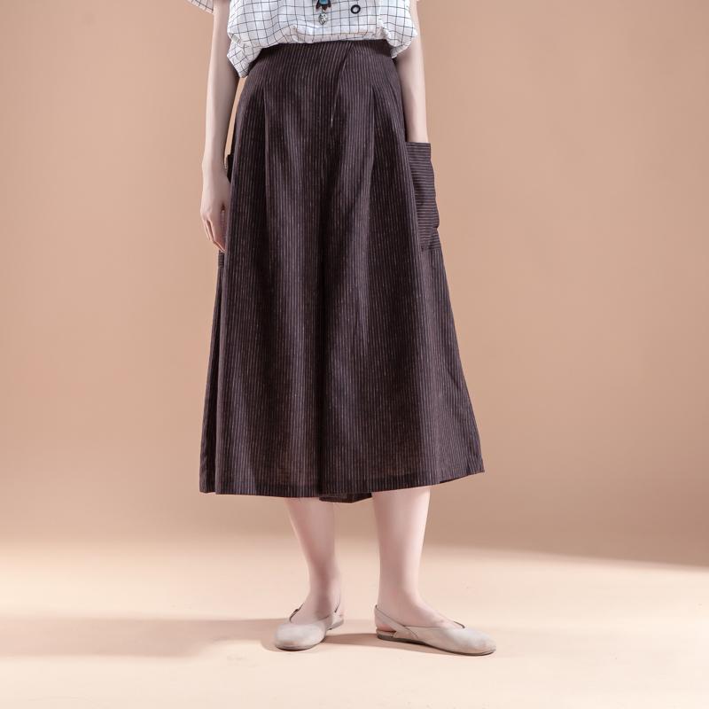 Summer Women Casual Stripe Pockets Wide Leg Long Pants