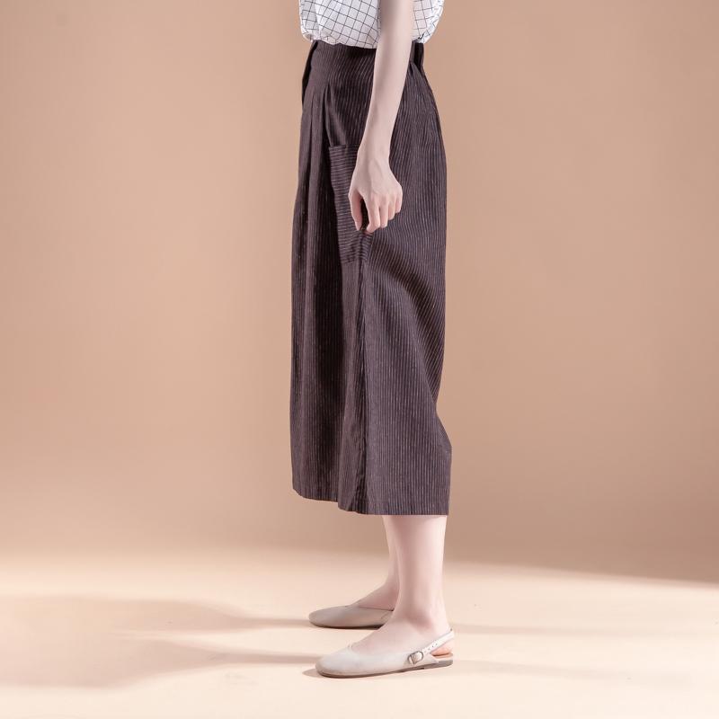 Summer Women Casual Stripe Pockets Wide Leg Long Pants