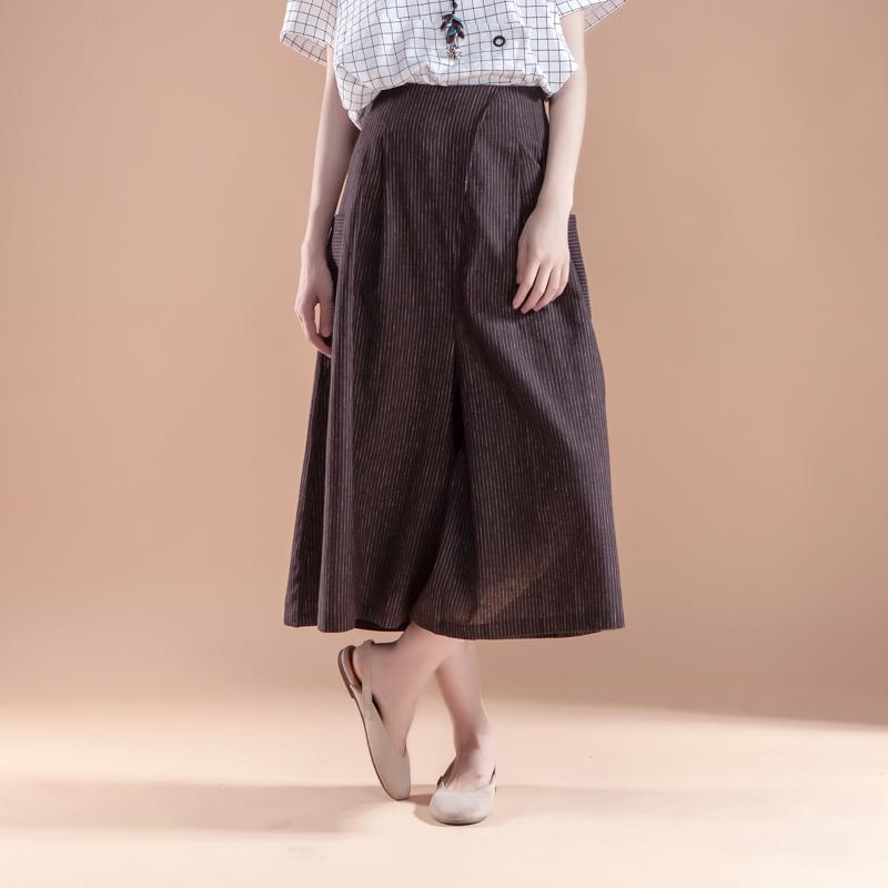 Summer Women Casual Stripe Pockets Wide Leg Long Pants