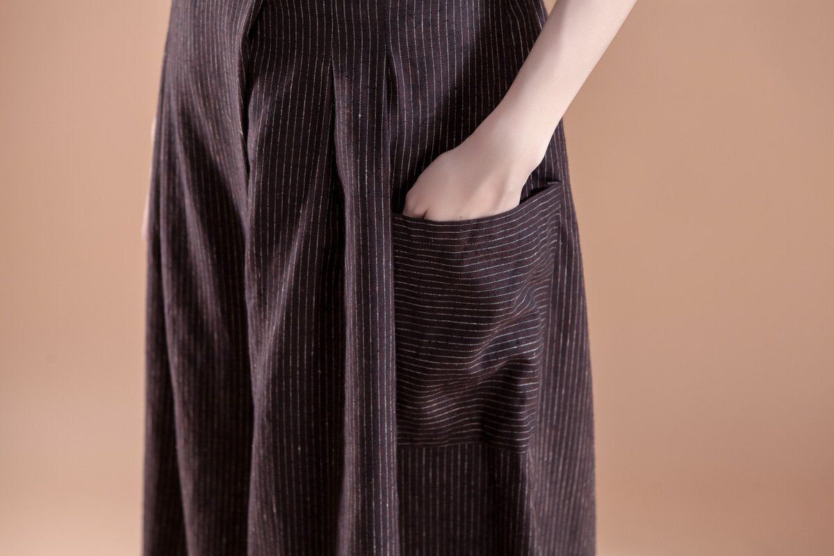 Summer Women Casual Stripe Pockets Wide Leg Long Pants