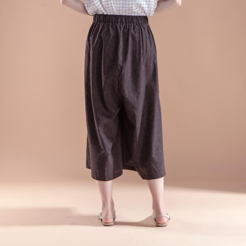 Summer Women Casual Stripe Pockets Wide Leg Long Pants