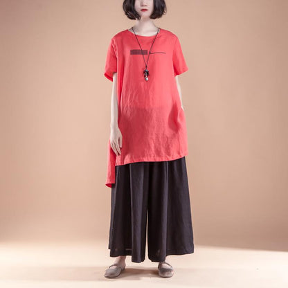 Short Sleeve Slit Summer Casual Red Women Tops
