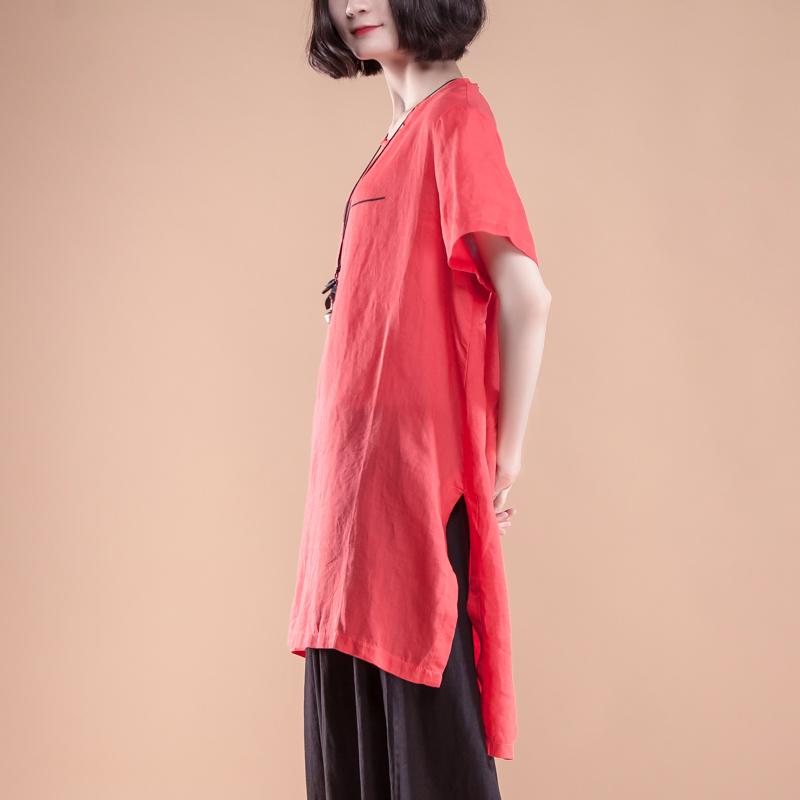 Short Sleeve Slit Summer Casual Red Women Tops