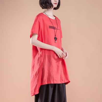 Short Sleeve Slit Summer Casual Red Women Tops