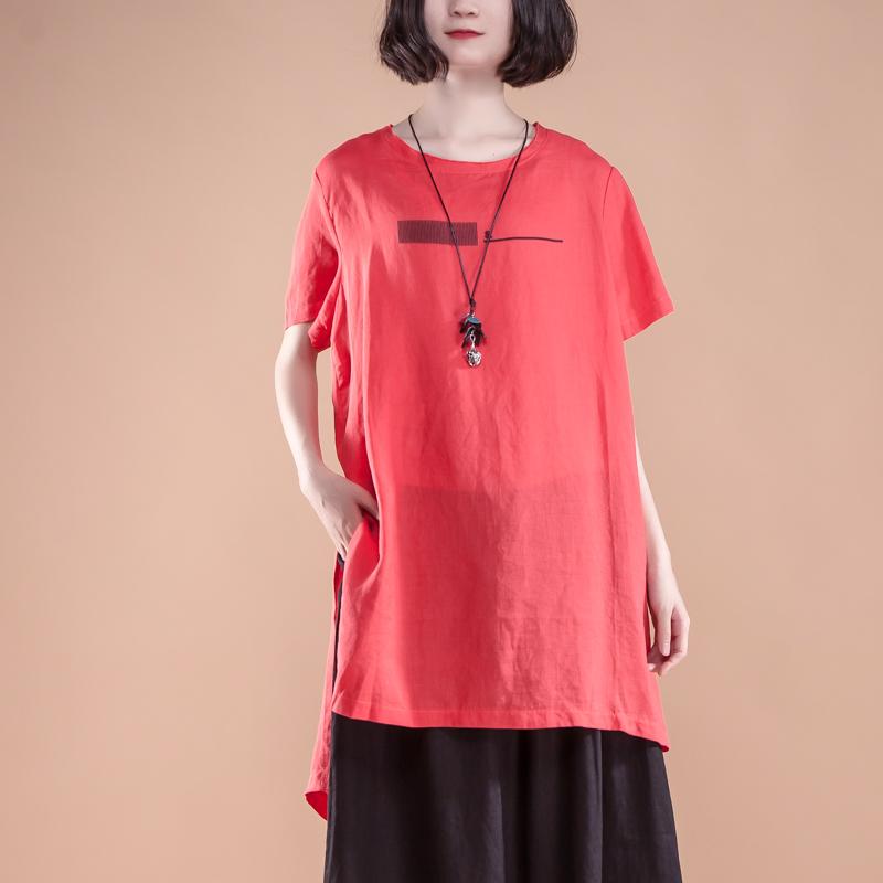 Short Sleeve Slit Summer Casual Red Women Tops