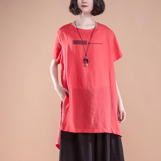 Short Sleeve Slit Summer Casual Red Women Tops