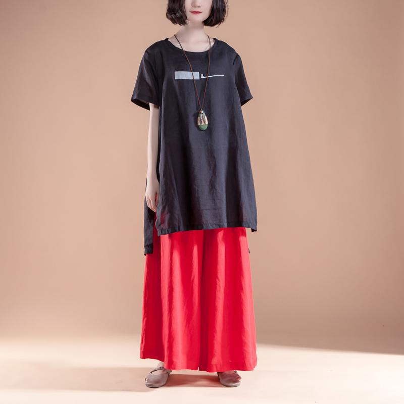 Short Sleeve Slit Summer Casual Black Women Tops