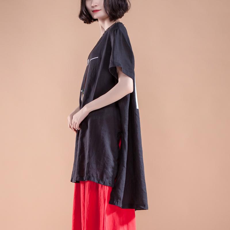 Short Sleeve Slit Summer Casual Black Women Tops