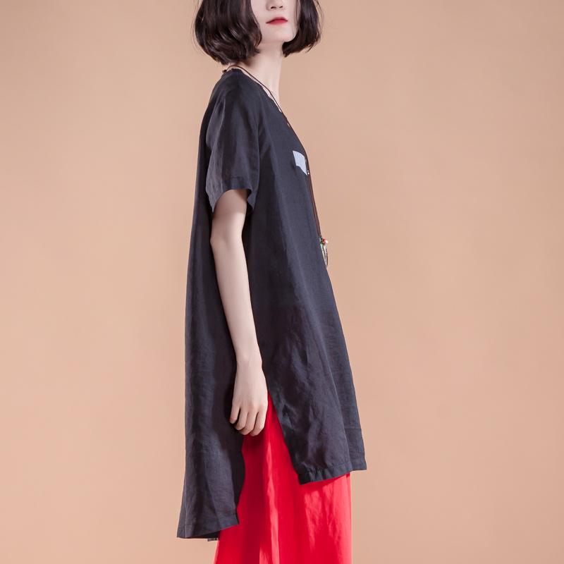 Short Sleeve Slit Summer Casual Black Women Tops