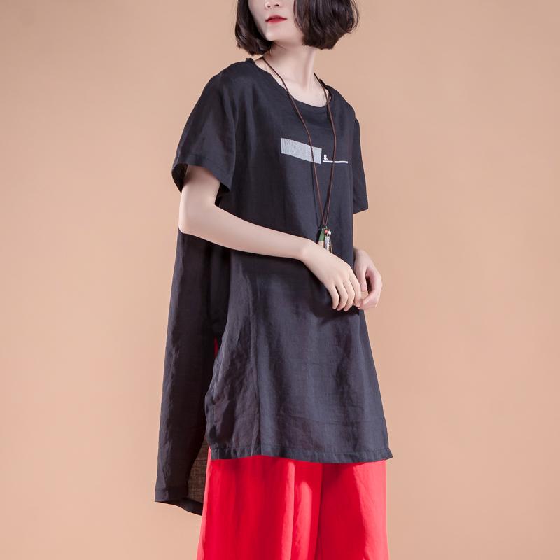 Short Sleeve Slit Summer Casual Black Women Tops