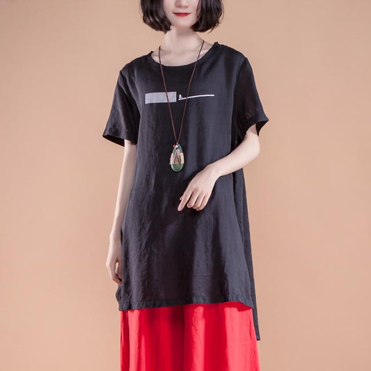 Short Sleeve Slit Summer Casual Black Women Tops