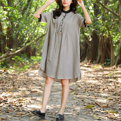 Women Stand Collar Buttons Stripe Pockets 1/2 Sleeve Dress