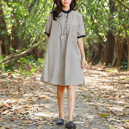 Women Stand Collar Buttons Stripe Pockets 1/2 Sleeve Dress