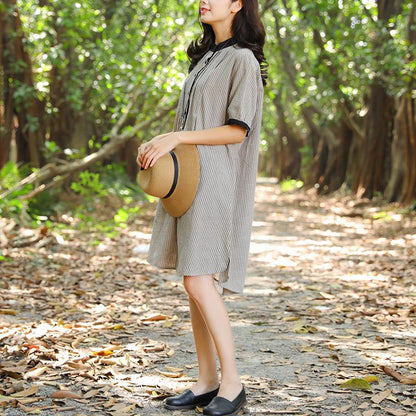Women Stand Collar Buttons Stripe Pockets 1/2 Sleeve Dress