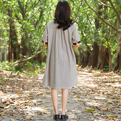 Women Stand Collar Buttons Stripe Pockets 1/2 Sleeve Dress