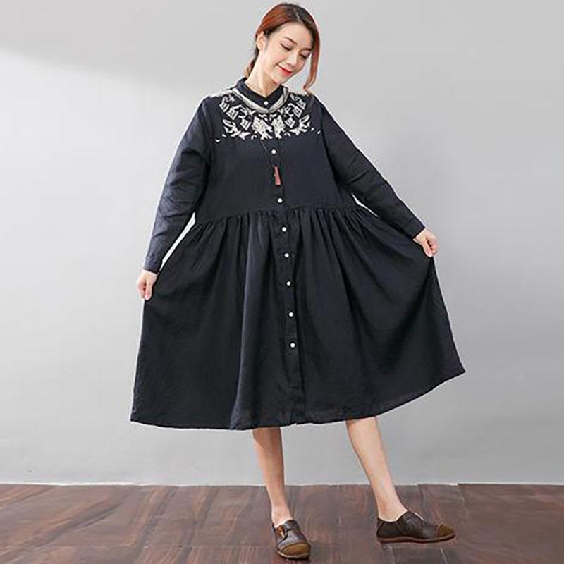Women Linen Pleated Long Sleeve Embroidered Dress
